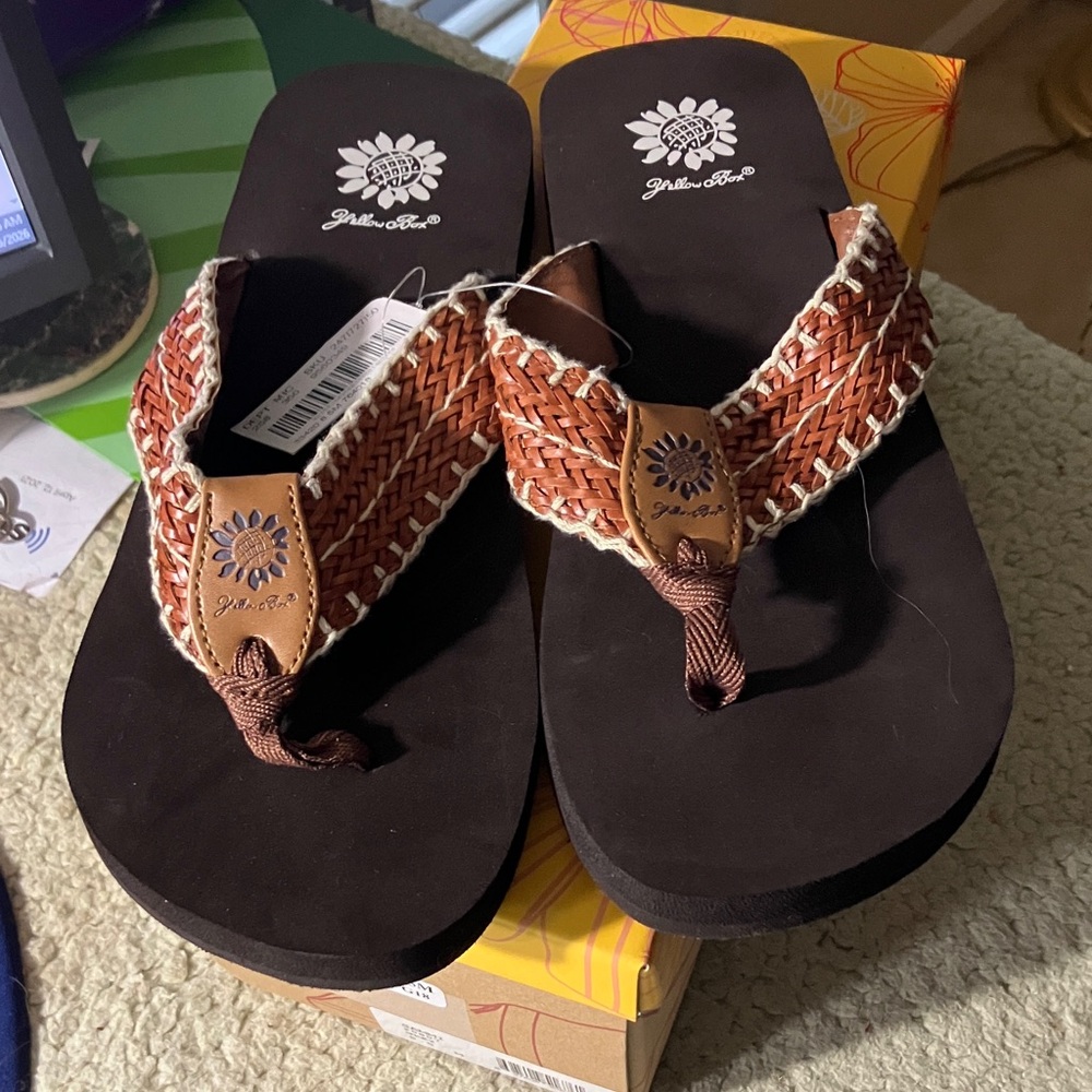 Yellow Box Brown Flip Flops